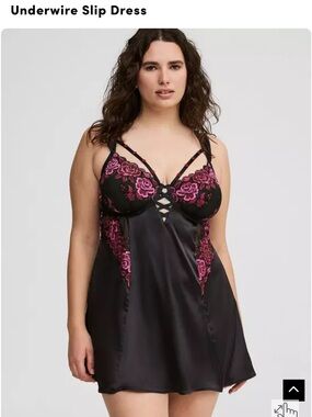 Torrid Black Satin Underwire Chemise with Pink Floral Embroidery